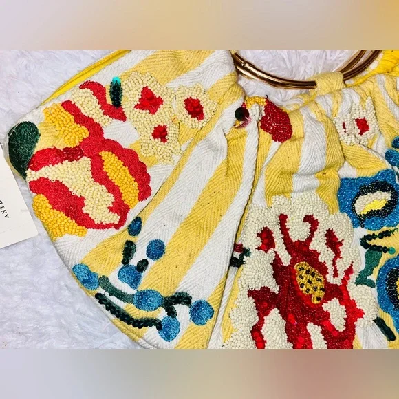 NWT Anthropologie Multicolor beaded yellow stripe canvas Women's Bag - Picture 3 of 7